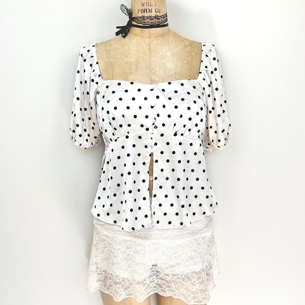 Womens L Polka Dot Puff Sleeve‎ Blouse Coquette Minimalist Pinup Preppy